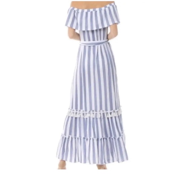 Altar'd State Off Shoulder Maxi Dress Blue White Stripe Fringe Tassel Large - Picture 2 of 9